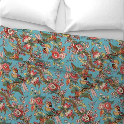 Spoonflower Vintage Tropical Birds On Turquoise Blue Wide Cotton Sateen 3.5 oz 26" X 20" Standard Knife Edge