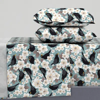 Spoonflower Waiting For The Cherries // Blue Background White Flowers Blackbirds King Sheet Set