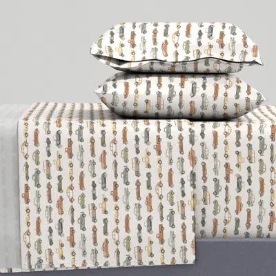 Spoonflower Watercolor Cars Collection - Antiqued Colors Queen Sheet Set In White