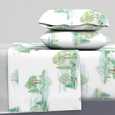 Spoonflower Watercolor Fishermen Toile - Cottagecore Lake River Art - Grandmillennial Queen Sheet Se