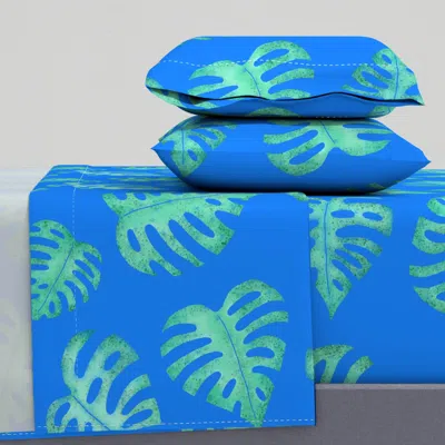 Spoonflower Watercolor Monstera Leaves On Bright Blue Large Scale Tropical Botanical King Sheet Set