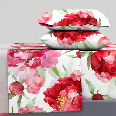 Spoonflower Watercolor Peony Seamless Pattern With Pink & Red Blooms On White Queen Sheet Set
