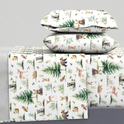 Spoonflower Watercolor Whimsical Woodland Animals On White Medium Queen Sheet Set