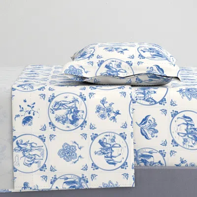 Spoonflower Western Delft Dutch Tiles With Cowboy Scenes And Florals - Cobalt Blue Twin Xl Sheet Set
