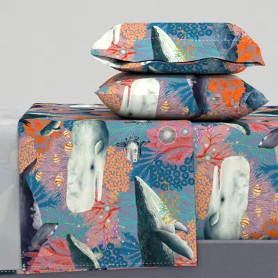 Spoonflower Whales In Bloom - Sunset - Ocean Whales Floral Marine Scene - Large King Sheet Set