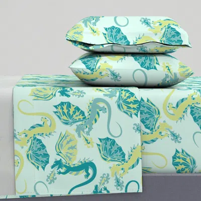 Spoonflower 'where Dragons Dwell' Teal And Green On Light Teal Large Wallpaper Scale Queen Sheet Set
