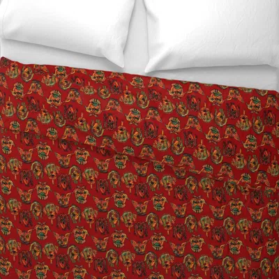 Spoonflower Whimiscal Surrealist Funny Dog Faces Facing Forward With Burlap On Rich Red King Pillow