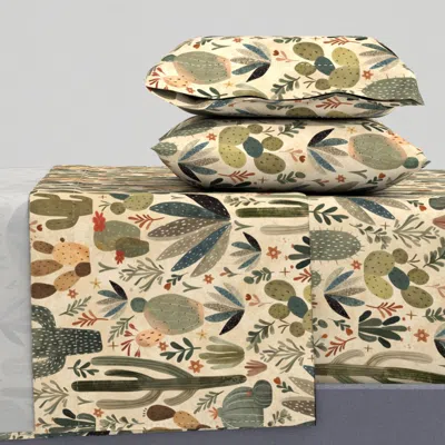 Spoonflower Whimsical Wild West Bohemian Cactus In Sand Large Boho Succulent King Sheet Set In Green