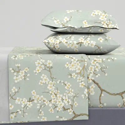 Spoonflower White Blossoms On Pale Pastel Green Background Delicate Botanical Wallpaper King Sheet S