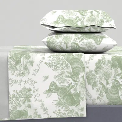 Spoonflower Wickleigh Rabbits - Cottagecore Toile De Jouy - Sage Green Full Sheet Set In Multi