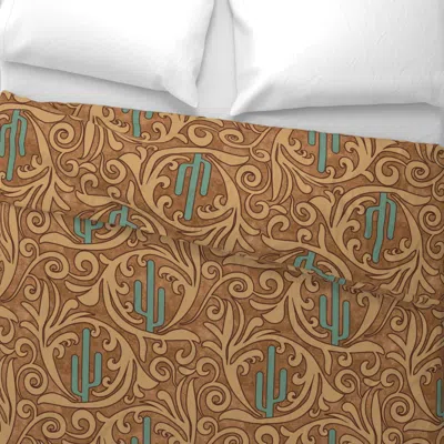 Spoonflower Wild West Saguaro Tooled Leather Pattern Verdigris Wheat Brown Leather Euro Pillow Sham