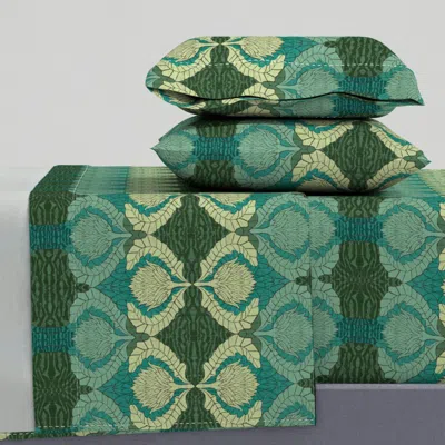 Spoonflower William Morris Inspired Maximalist Artichoke Damask In Teal And Green King Sheet Set