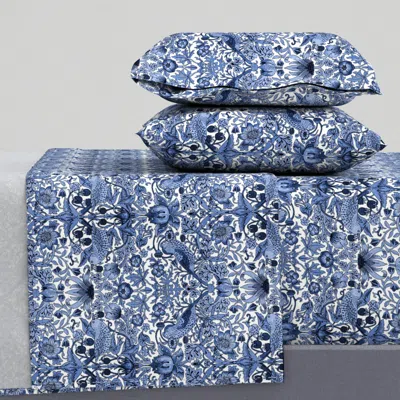 Spoonflower William Morris Strawberry Thief Blue And White Cal King Sheet Set