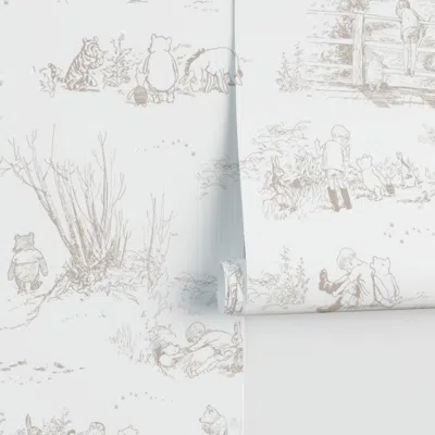 Spoonflower Winnie-the-pooh Toile Classic Storybook Character Nursery  Taupe Performance 2' X 12' In White