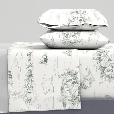 Spoonflower Winnie-the-pooh Toile Vintage Hundred Acre Wood Storybook In Gray Green King Sheet Set