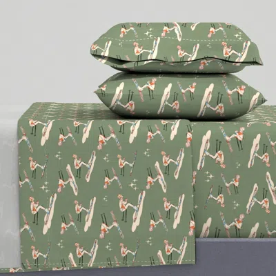Spoonflower Winter Sports - Retro Vintage Ski Green-l Queen Sheet Set