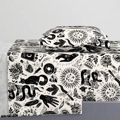 Spoonflower Witchy Things In Black And White Twin Xl Sheet Set