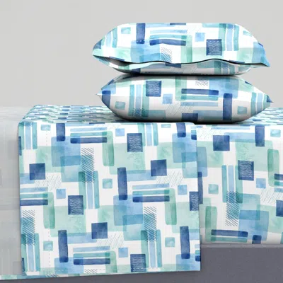 Spoonflower Wonky Watercolour Blue Rectangles Non Directional Abstract Geometric Medium King Sheet S