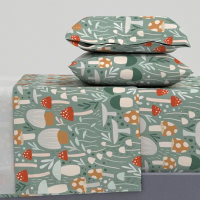 Spoonflower Woodland Mushroom Meadow - Sage Green - Large Scale Queen Sheet Set