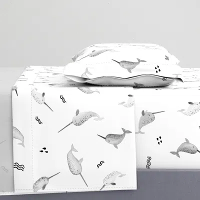 Spoonflower (xl) Cute Watercolor Narwhale In Gray On White Extra Large Scale 24 Inch Twin Sheet Set
