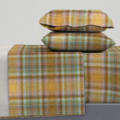Spoonflower Yellow Green And Brown Chalk In A Plaid King Sheet Set In Orange