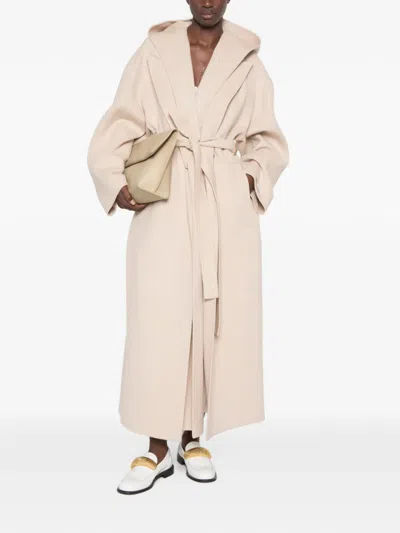 Sportmax 100% Virgin Wool Loose-fit Coat With Removable Inner Bib And Hood, Horn-effect Button Closu In Beige