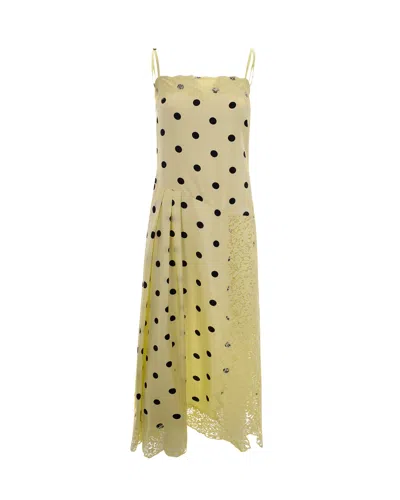 Sportmax Long Silk Twill Dress With Polka Dot Print And Lace Accents In Yellow