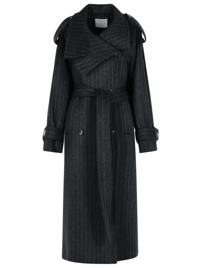 SPORTMAX 'AROLD' PINSTRIPE TRENCH COAT IN PURE ANTHRACITE WOOL