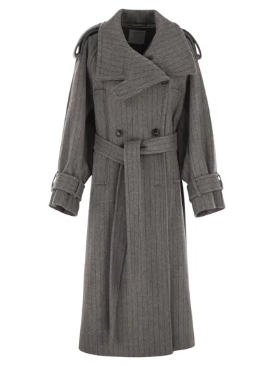 Sportmax Arold1234 Pure Wool Pinstriped Trench Coat In Gray