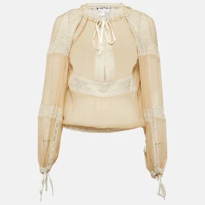 Pre-owned Sportmax Beige Lace And Silk Tie-up Detail Blouse S