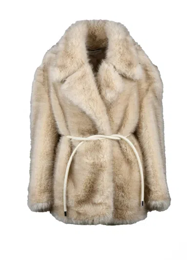 Sportmax Beige Polyester Belted Faux Fur Coat In Neutral