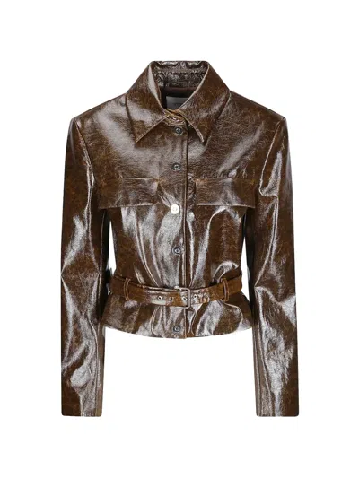 Sportmax Belted Cracked-effect Jacket In Brown