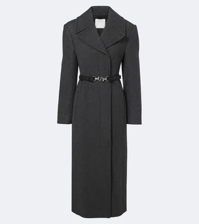 Sportmax Belted Herringbone Virgin Wool Coat In Gray