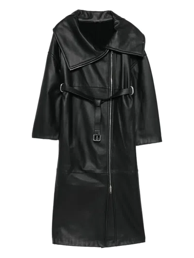 Sportmax Belted Leather Coat In Black