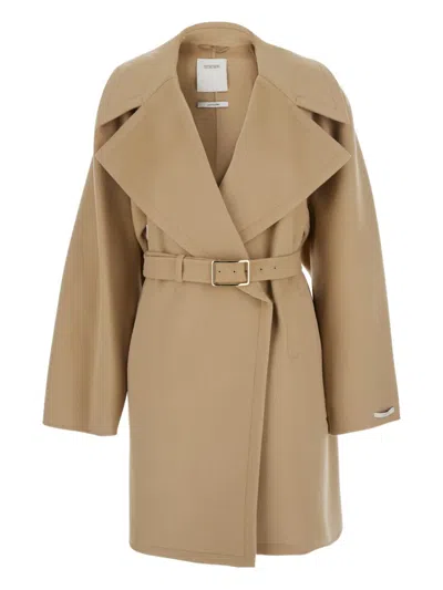 Sportmax Coat Belted Waist Long Sleeves Wide Lapels In Brown