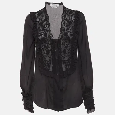 Pre-owned Sportmax Black Crepe Lace Trimmed Long Sleeve Blouse M