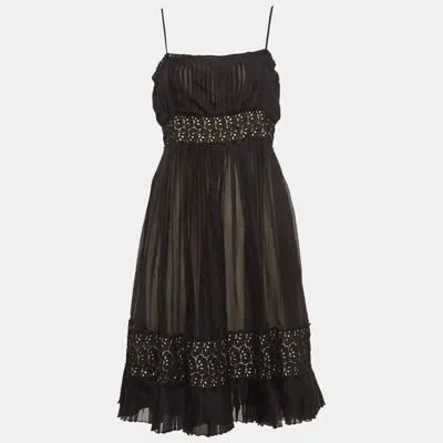 Sportmax Black Lace Trim Silk Pleated Midi Empire Dress