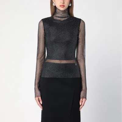 Sportmax Black Mesh Turtleneck Jumper With Rhinestones In White