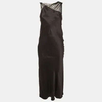 Sportmax Black Silk Satin Asymmetric Fringed Strap Midi Dress