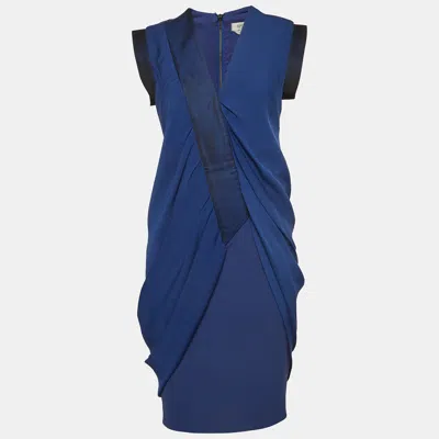 Pre-owned Sportmax Blue Gabardine And Satin Draped Style Sheath Dress S