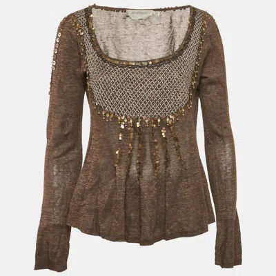 Sportmax Brown Embellished Lurex Knit Long Sleeve Top