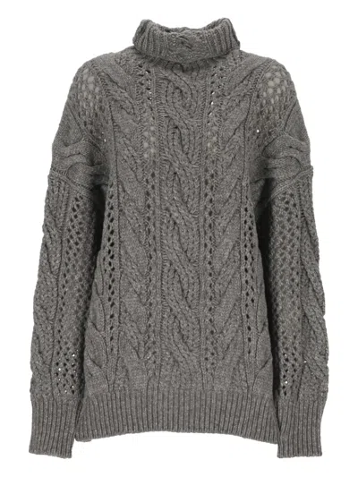 Sportmax Cable Knit Roll-neck Sweater In Gray
