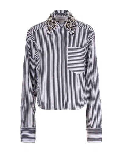 Sportmax Quagga Stripe Embellished Collar Cotton Button-up Shirt In Blue