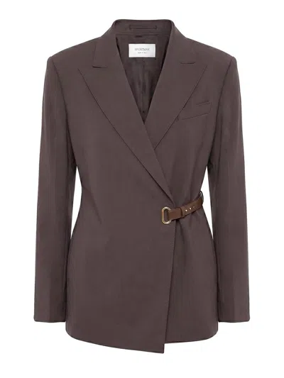 Sportmax Belted Tailored Single Breasted Silk Blazer In Brown