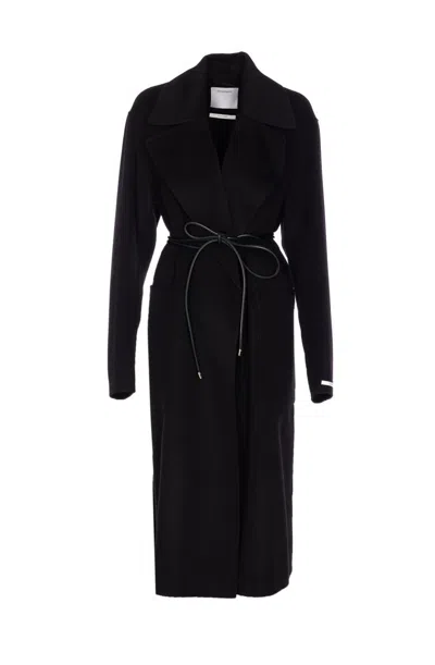 Sportmax Waist Belted Long Coat With Notched Lapels In Black