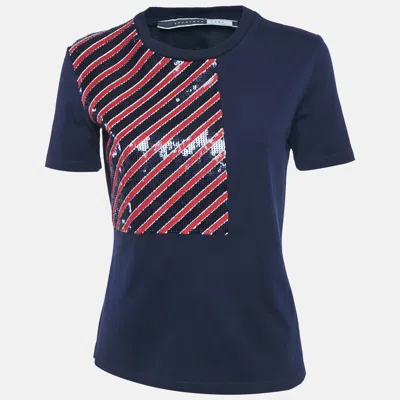 Sportmax Code Navy Blue Sequin Embellished Cotton T-shirt In Multi