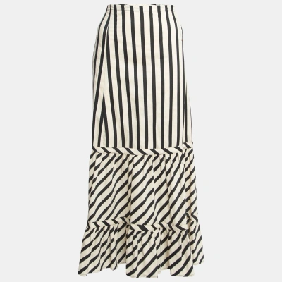 Pre-owned Sportmax Cream/black Striped Cotton Blend Ruffled Maxi Skirt M