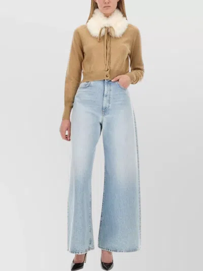 Sportmax Cropped Knit Shirt With Faux Fur Collar In Brown