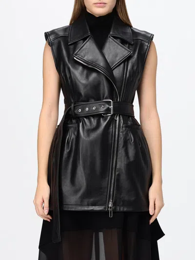 Sportmax Cropped Leather Biker Waistcoat With An Adjustable Waist Belt In Black