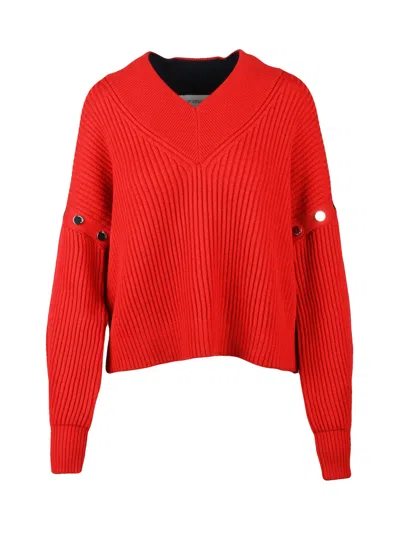 Sportmax Cropped Ribbed Knit Sweater With V-neck And Adjustable Sleeves In Red